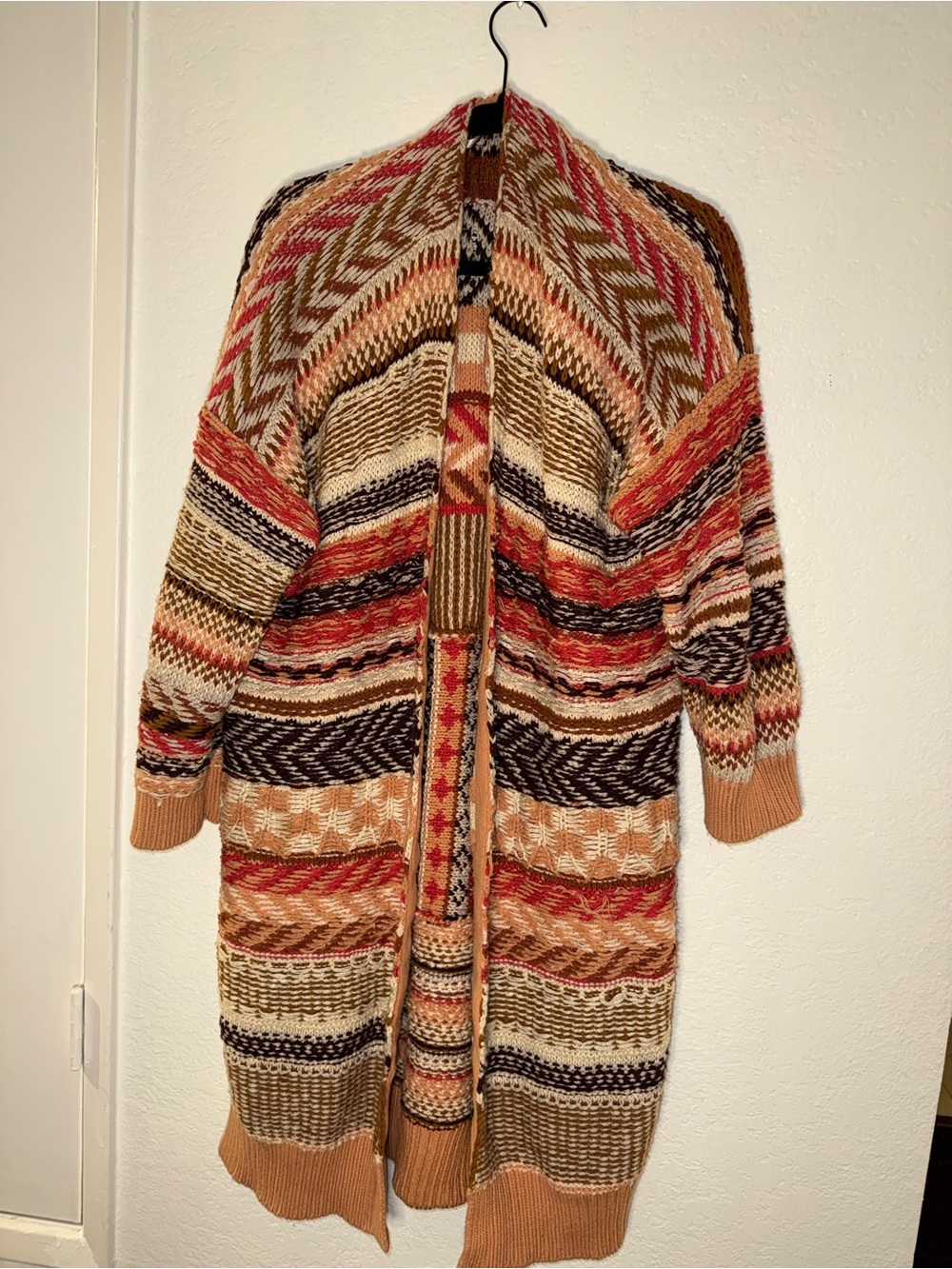 Free People Multi-Stripe Long Open-Front Cardigan — Red, Brown, Cream